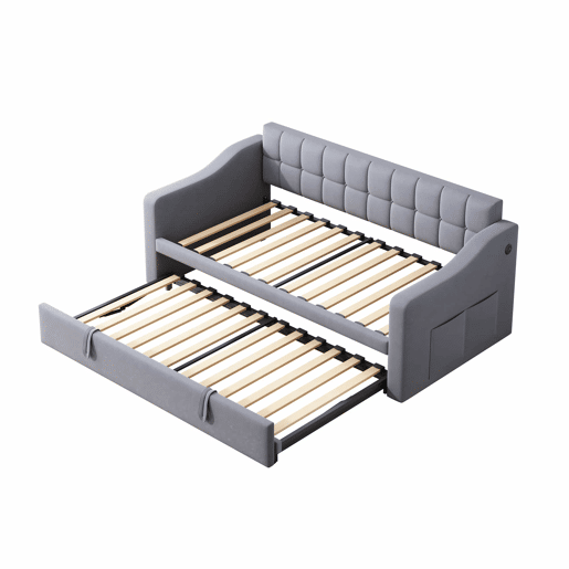 Sofá-cama 90180 - Multifuncional com tomada e bolsa de armazenamento - Cinza Samtstoff
