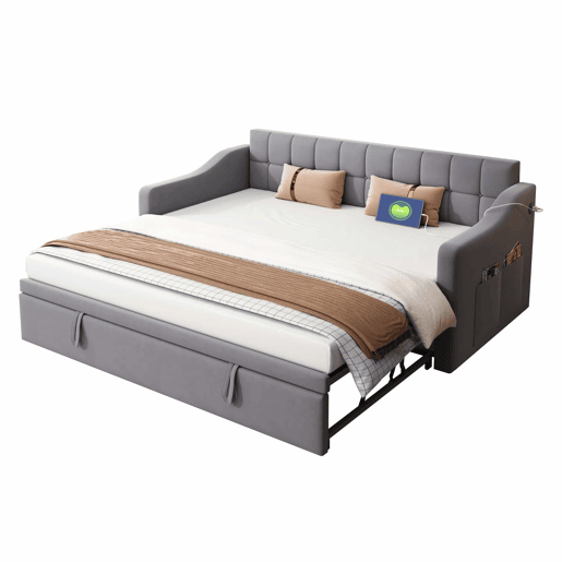 Sofá-cama 90180 - Multifuncional com tomada e bolsa de armazenamento - Cinza Samtstoff