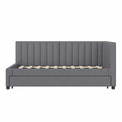 Cama individual 90x200 cm com cama com gavetão - estofada em veludo com estrado de ripas - Cinzento