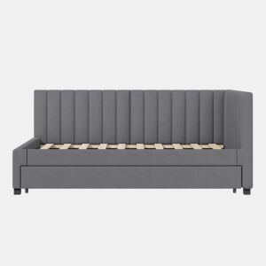 Cama individual 90x200 cm com cama com gavetão - estofada em veludo com estrado de ripas - Cinzento