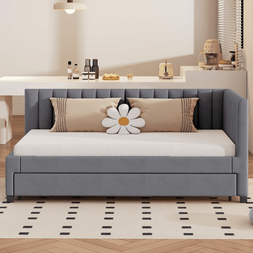 Cama individual 90x200 cm com cama com gavetão - estofada em veludo com estrado de ripas - Cinzento