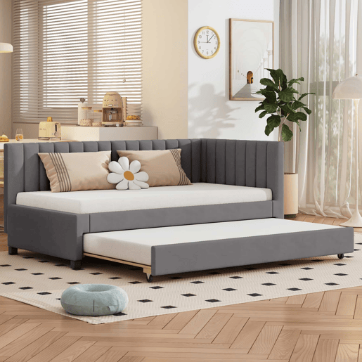 Cama individual 90x200 cm com cama com gavetão - estofada em veludo com estrado de ripas - Cinzento