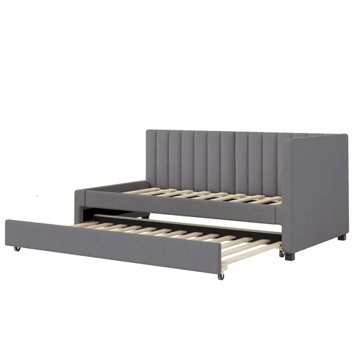 Cama individual 90x200 cm com cama com gavetão - estofada em veludo com estrado de ripas - Cinzento