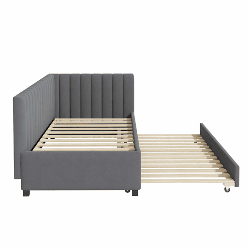 Cama individual 90x200 cm com cama com gavetão - estofada em veludo com estrado de ripas - Cinzento
