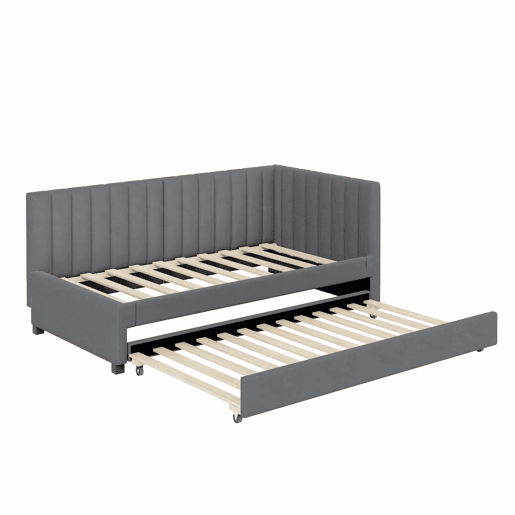 Cama individual 90x200 cm com cama com gavetão - estofada em veludo com estrado de ripas - Cinzento