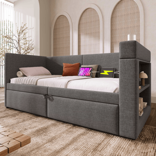 Sofá-cama 90x200 cm - Sofá individual com cama extraível, apoios de braços com portas USB e Type-C e porta-copos - Cinza
