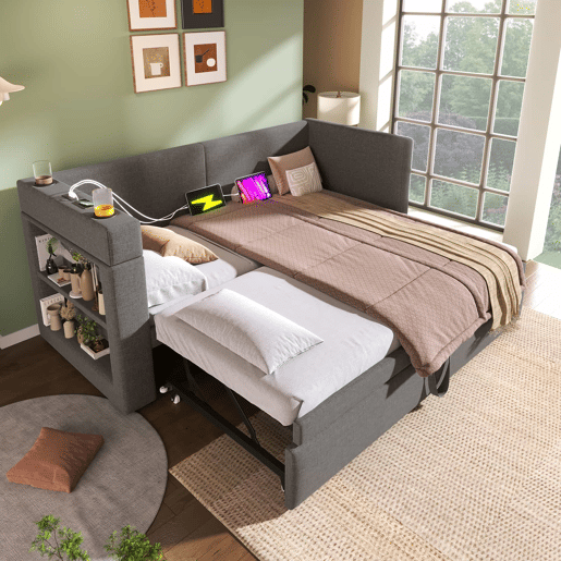 Sofá-cama 90x200 cm - Sofá individual com cama extraível, apoios de braços com portas USB e Type-C e porta-copos - Cinza