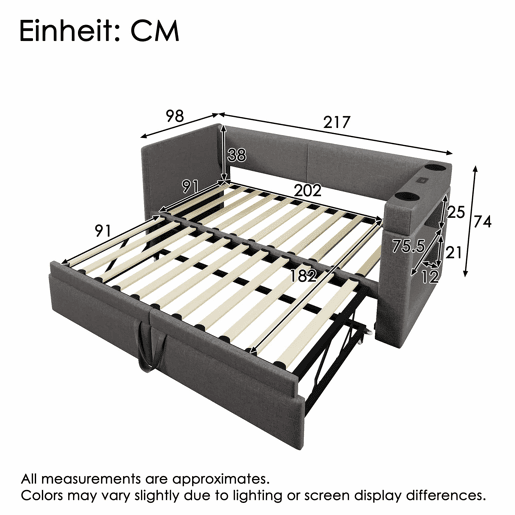 Sofá-cama 90x200 cm - Sofá individual com cama extraível, apoios de braços com portas USB e Type-C e porta-copos - Cinza