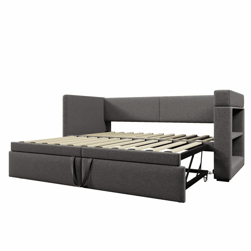 Sofá-cama 90x200 cm - Sofá individual com cama extraível, apoios de braços com portas USB e Type-C e porta-copos - Cinza