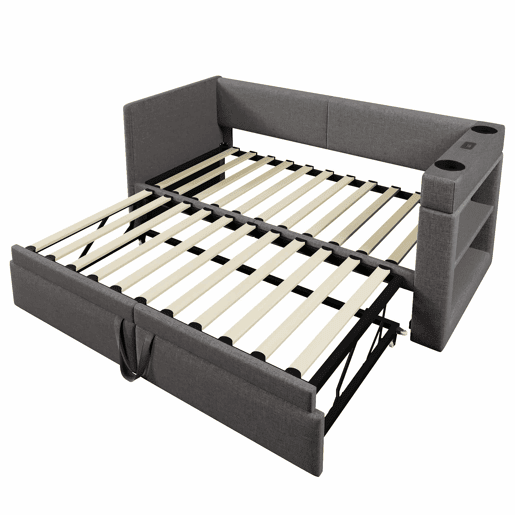 Sofá-cama 90x200 cm - Sofá individual com cama extraível, apoios de braços com portas USB e Type-C e porta-copos - Cinza