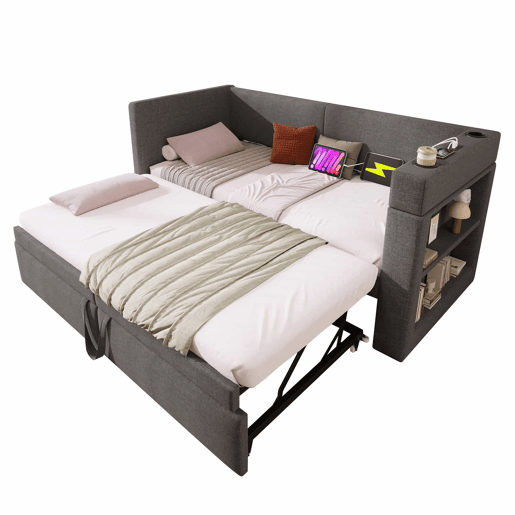 Sofá-cama 90x200 cm - Sofá individual com cama extraível, apoios de braços com portas USB e Type-C e porta-copos - Cinza