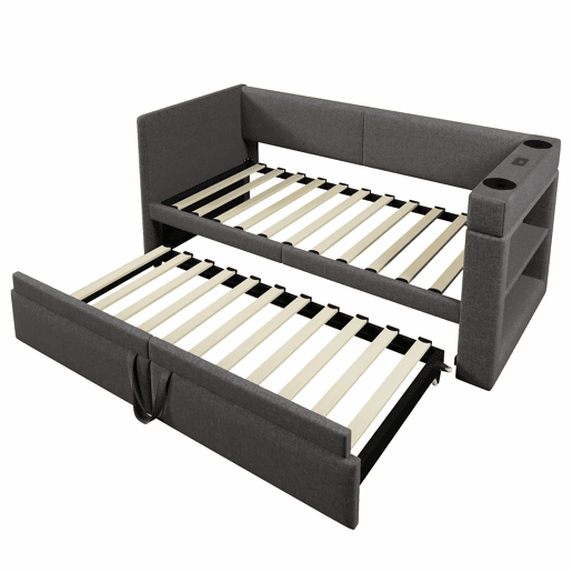 Sofá-cama 90x200 cm - Sofá individual com cama extraível, apoios de braços com portas USB e Type-C e porta-copos - Cinza