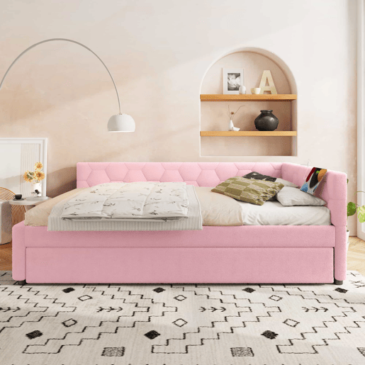 Sofá-cama, 140*200 cm, sofá-cama, cama com estrado de ripas (sem colchão), com candeeiro de mesa, com cama extra multifuncional, porta USB tipo C, material confortável, imitação de velo, rosa