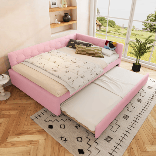Sofá-cama, 140*200 cm, sofá-cama, cama com estrado de ripas (sem colchão), com candeeiro de mesa, com cama extra multifuncional, porta USB tipo C, material confortável, imitação de velo, rosa