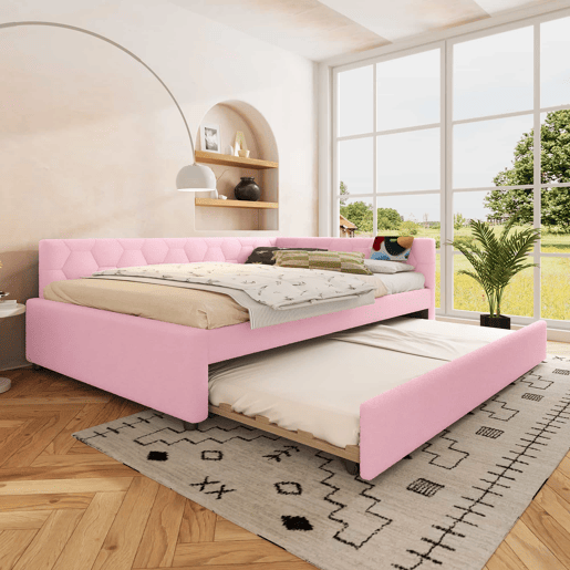 Sofá-cama, 140*200 cm, sofá-cama, cama com estrado de ripas (sem colchão), com candeeiro de mesa, com cama extra multifuncional, porta USB tipo C, material confortável, imitação de velo, rosa