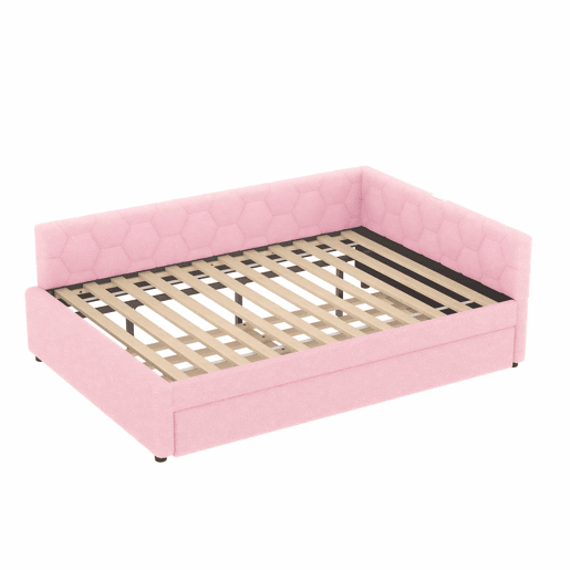 Sofá-cama, 140*200 cm, sofá-cama, cama com estrado de ripas (sem colchão), com candeeiro de mesa, com cama extra multifuncional, porta USB tipo C, material confortável, imitação de velo, rosa