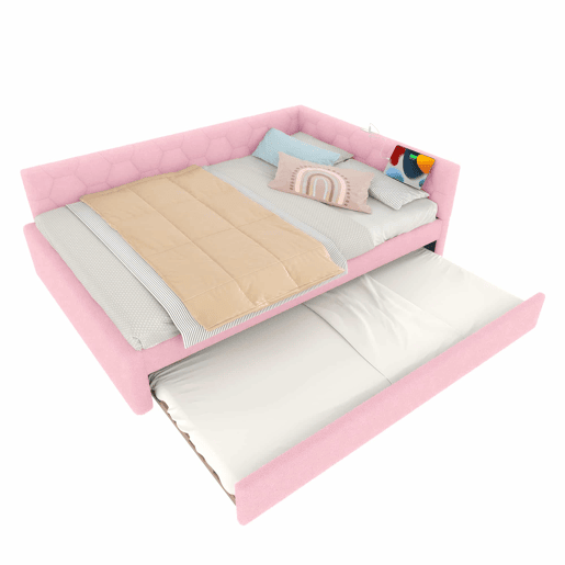 Sofá-cama, 140*200 cm, sofá-cama, cama com estrado de ripas (sem colchão), com candeeiro de mesa, com cama extra multifuncional, porta USB tipo C, material confortável, imitação de velo, rosa
