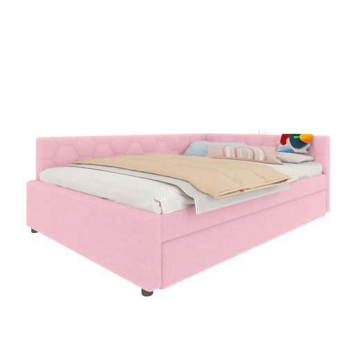 Sofá-cama, 140*200 cm, sofá-cama, cama com estrado de ripas (sem colchão), com candeeiro de mesa, com cama extra multifuncional, porta USB tipo C, material confortável, imitação de velo, rosa