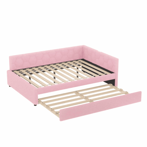 Sofá-cama, 140*200 cm, sofá-cama, cama com estrado de ripas (sem colchão), com candeeiro de mesa, com cama extra multifuncional, porta USB tipo C, material confortável, imitação de velo, rosa