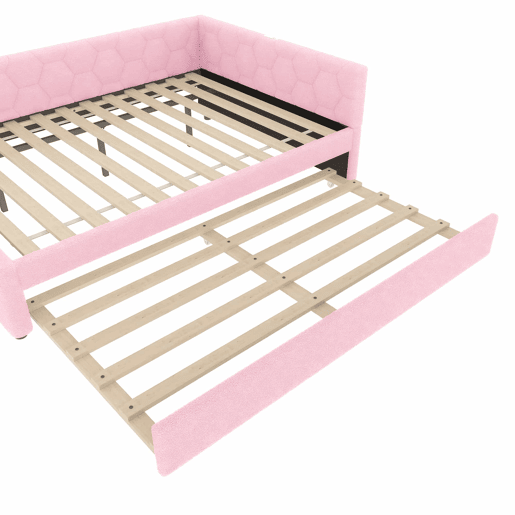 Sofá-cama, 140*200 cm, sofá-cama, cama com estrado de ripas (sem colchão), com candeeiro de mesa, com cama extra multifuncional, porta USB tipo C, material confortável, imitação de velo, rosa