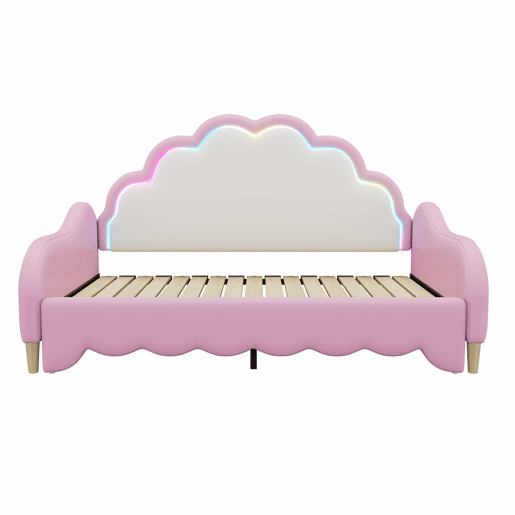 Cama de criança amovível em imitação de pele - 140x200cm - com LED e controlo remoto - Rosa (colchão não incluído)