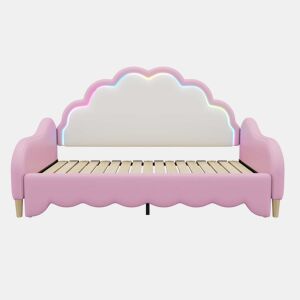 Cama de criança amovível em imitação de pele - 140x200cm - com LED e controlo remoto - Rosa (colchão não incluído)