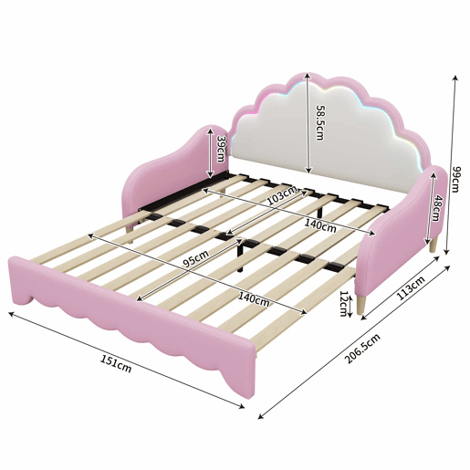 Cama de criança amovível em imitação de pele - 140x200cm - com LED e controlo remoto - Rosa (colchão não incluído)