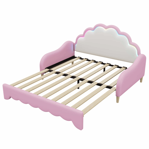 Cama de criança amovível em imitação de pele - 140x200cm - com LED e controlo remoto - Rosa (colchão não incluído)