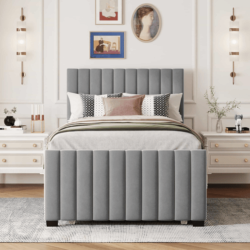 Cama estofada 90x190cm em veludo - com cama com gavetão 90x190cm - Cinzento Cama estofada 90x190cm em veludo - com cama com gavetão 90x190cm - Cinzento