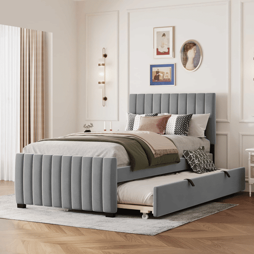 Cama estofada 90x190cm em veludo - com cama com gavetão 90x190cm - Cinzento Cama estofada 90x190cm em veludo - com cama com gavetão 90x190cm - Cinzento
