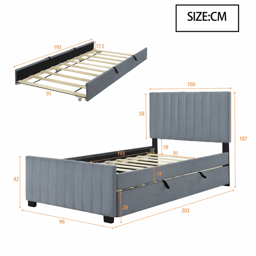 Cama estofada 90x190cm em veludo - com cama com gavetão 90x190cm - Cinzento Cama estofada 90x190cm em veludo - com cama com gavetão 90x190cm - Cinzento