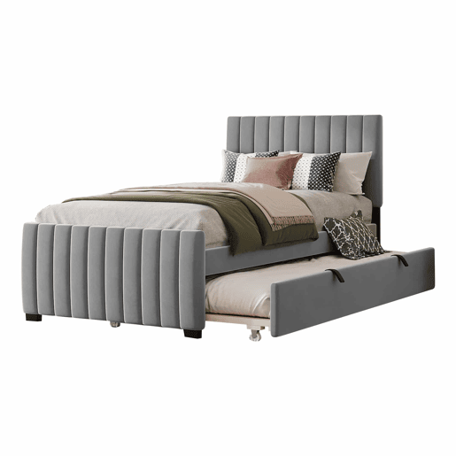 Cama estofada 90x190cm em veludo - com cama com gavetão 90x190cm - Cinzento Cama estofada 90x190cm em veludo - com cama com gavetão 90x190cm - Cinzento
