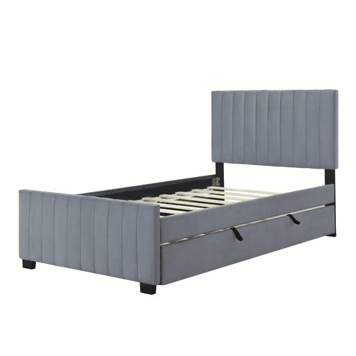Cama estofada 90x190cm em veludo - com cama com gavetão 90x190cm - Cinzento Cama estofada 90x190cm em veludo - com cama com gavetão 90x190cm - Cinzento