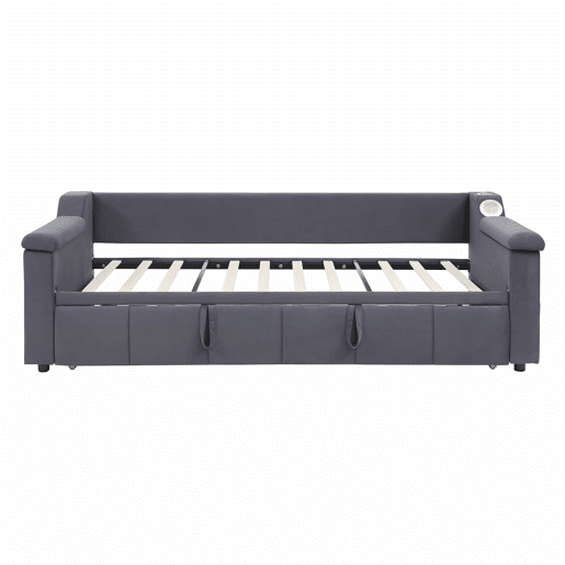 Sofá-cama 90180x190 cm - Braços mais largos e grossos, Com sistema Bluetooth Smart e porta USB, Com compartimentos, Com estrado, Tecido de veludo - Cinza