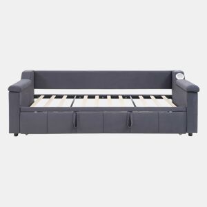 Sofá-cama 90180x190 cm - Braços mais largos e grossos, Com sistema Bluetooth Smart e porta USB, Com compartimentos, Com estrado, Tecido de veludo - Cinza