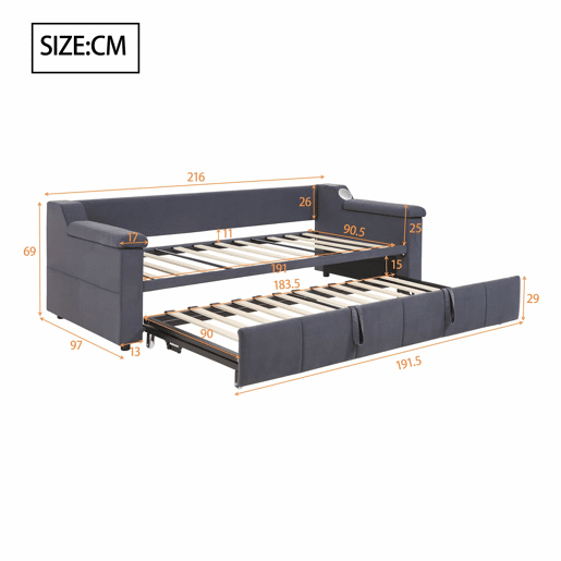 Sofá-cama 90180x190 cm - Braços mais largos e grossos, Com sistema Bluetooth Smart e porta USB, Com compartimentos, Com estrado, Tecido de veludo - Cinza