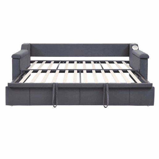 Sofá-cama 90180x190 cm - Braços mais largos e grossos, Com sistema Bluetooth Smart e porta USB, Com compartimentos, Com estrado, Tecido de veludo - Cinza