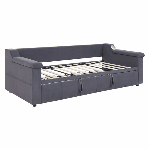 Sofá-cama 90180x190 cm - Braços mais largos e grossos, Com sistema Bluetooth Smart e porta USB, Com compartimentos, Com estrado, Tecido de veludo - Cinza