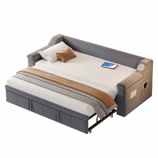 Sofá-cama 90180x190 cm - Braços mais largos e grossos, Com sistema Bluetooth Smart e porta USB, Com compartimentos, Com estrado, Tecido de veludo - Cinza