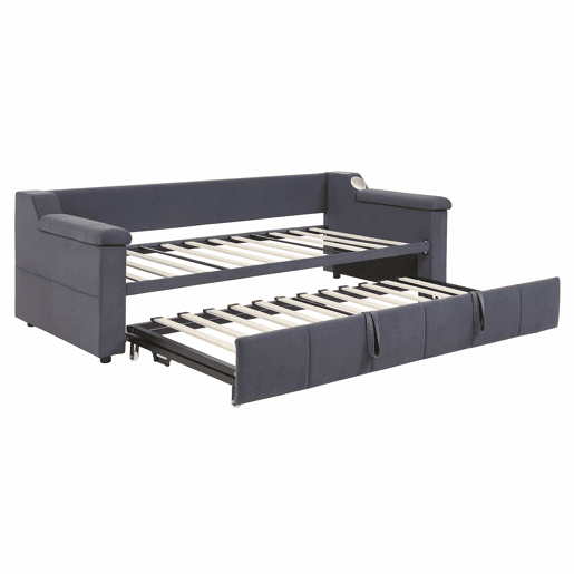 Sofá-cama 90180x190 cm - Braços mais largos e grossos, Com sistema Bluetooth Smart e porta USB, Com compartimentos, Com estrado, Tecido de veludo - Cinza