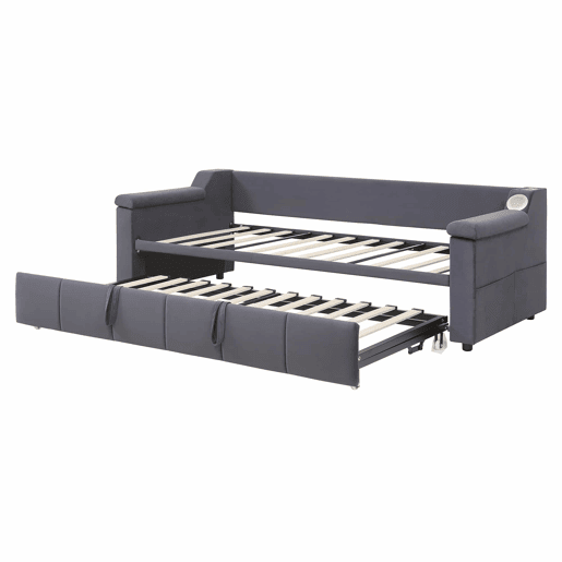 Sofá-cama 90180x190 cm - Braços mais largos e grossos, Com sistema Bluetooth Smart e porta USB, Com compartimentos, Com estrado, Tecido de veludo - Cinza