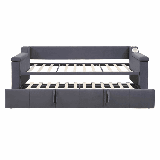 Sofá-cama 90180x190 cm - Braços mais largos e grossos, Com sistema Bluetooth Smart e porta USB, Com compartimentos, Com estrado, Tecido de veludo - Cinza
