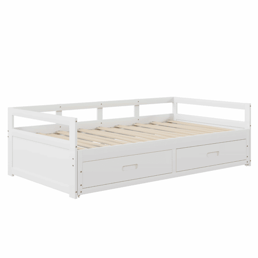 Cama de rodízio em madeira de pinho - com gavetas - 90180x200cm - Branco