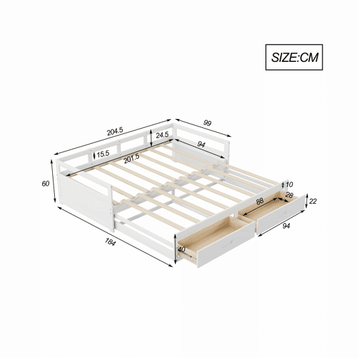 Cama de rodízio em madeira de pinho - com gavetas - 90180x200cm - Branco