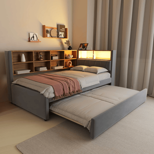 Sofá-cama 90x200 - Cama extraível 90x190, com luzes LED, tomadas e vários compartimentos, sofá multifuncional, cama individual, flanela - cinza escuro