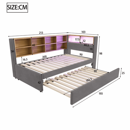 Sofá-cama 90x200 - Cama extraível 90x190, com luzes LED, tomadas e vários compartimentos, sofá multifuncional, cama individual, flanela - cinza escuro
