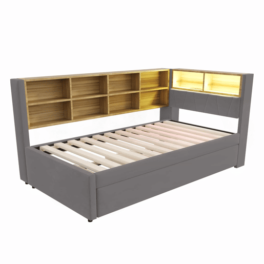 Sofá-cama 90x200 - Cama extraível 90x190, com luzes LED, tomadas e vários compartimentos, sofá multifuncional, cama individual, flanela - cinza escuro