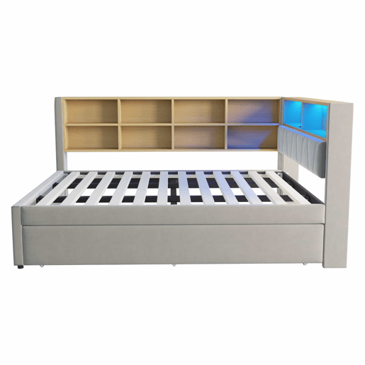 Sofá-cama 140x200 - Cama extensível 90x190, com luzes LED, tomadas e compartimentos de arrumação, sofá multifuncional, cama individual, flanela, cinzento claro.
