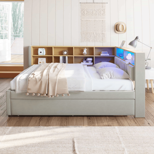 Sofá-cama 140x200 - Cama extensível 90x190, com luzes LED, tomadas e compartimentos de arrumação, sofá multifuncional, cama individual, flanela, cinzento claro.