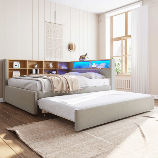 Sofá-cama 140x200 - Cama extensível 90x190, com luzes LED, tomadas e compartimentos de arrumação, sofá multifuncional, cama individual, flanela, cinzento claro.